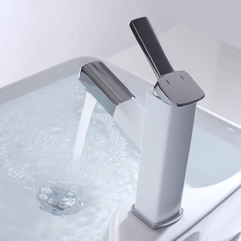 KAIYING Bathroom Sink Faucet with Pull Out Sprayer, Single Handle Basin Mixer Tap for Hot and Cold Water, Pull Down Sink Faucet with Rotating Spout (Regular, Chrome & White) - Image 4